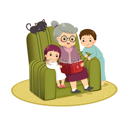 外婆孙子图片_奶奶在沙发上给孙子孙女讲故事的