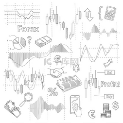 Set of business doodle elements. Forex market