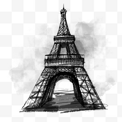 素描巴黎图片_仰角埃菲尔铁塔黑白水墨画
