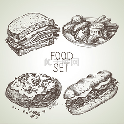 手绘食物素描集牛排子三明治、水