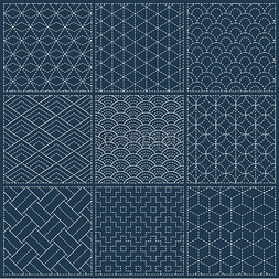 日本风格图案图片_Sashiko 无缝靛蓝染料图案与传统白