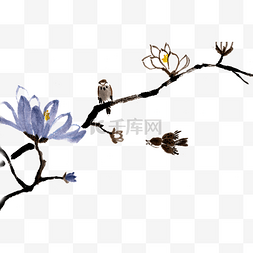 蓝色玉兰花与麻雀水墨
