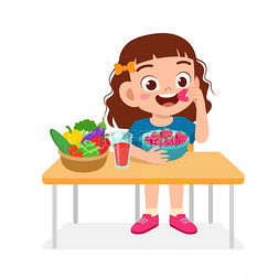 健康手绘食物图片_快乐可爱的小女孩吃着健康的食物