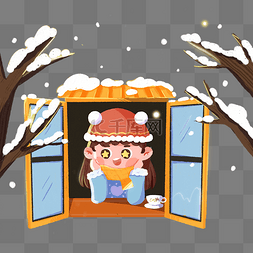 窗户树枝图片_女孩窗户看雪