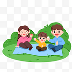 春天父母带着孩子在野外春游野餐
