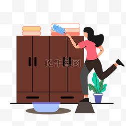 一个女人在清洁柜子顶部灰尘插画