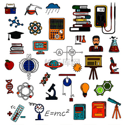 科学显微镜图片_科学研究和教育素描符号与书籍、