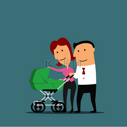 婴儿和父亲卡通图片_父亲和母亲对着婴儿车或婴儿车微