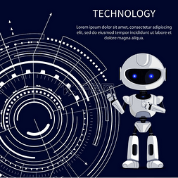 技术横幅与可爱的光滑机器人与淡