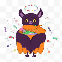 惊悚恐怖图片_卡通万圣节派对抱着糖果的蝙蝠