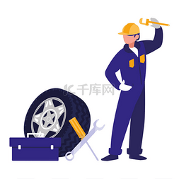 机械师工人与轮胎汽车和工具