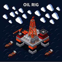 石油钻机和油轮的等距构图三维矢