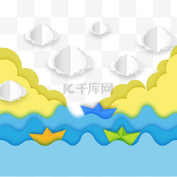 海浪和帆船图片_剪纸云朵和彩色海洋海浪