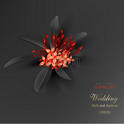 婚礼邀请背景图片_热带黑叶和异国情调的红花在深色