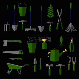 绿色植物图标图片_农业和园艺工具，包括耙子、铲子