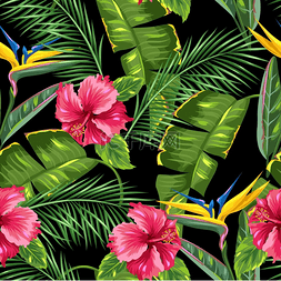 有热带树叶和花朵的无缝图案。