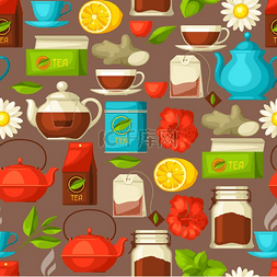 茶与茶壶图片_无缝图案与茶和配件、包和水壶。