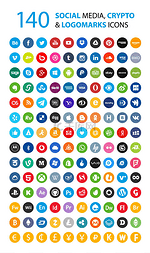 140社会, 货币, cryptocurrency 的图标集。圆圈图标。丰富多彩