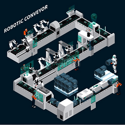 生产工厂矢量图图片_工业机器人自动化等距组合与人类