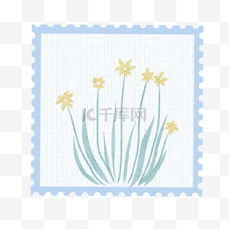 蓝色植物花卉图片_水彩风水仙花蓝色文艺风邮票