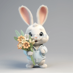 可爱动物兔子拿花花朵
