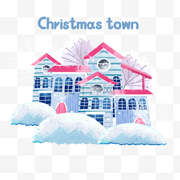 水彩雪花图片_水彩风格圣诞小镇冰雪房屋