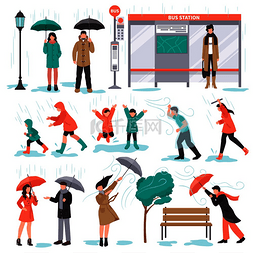 梅雨符号图片_恶劣的天气设置与雨和风符号平面