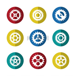 工业齿轮图片_齿轮图标设置在彩色圆圈上。