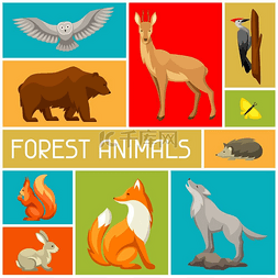 鹿与森林图片_与林地森林动物和鸟类的背景。