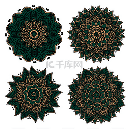 花装饰图案圆形图片_深绿色优雅的圆形华丽图案，由带