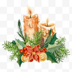 浆果水彩图片_圣诞水彩蜡烛节日装饰