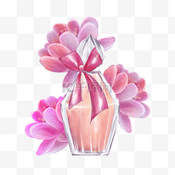 香水瓶和鲜花水彩风格紫红色