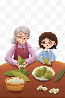 女孩背书包图图片_端午节奶奶和女孩在家包粽子