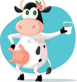 卡通吉祥物母牛拿着一杯牛奶