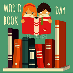 世界读书日，女孩和男孩在书架上