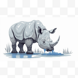 手绘卡通河边喝水的犀牛