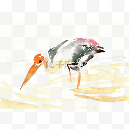 河滩素材图片_觅食的水鸟水墨