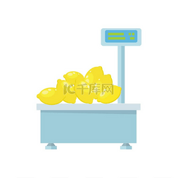 新鲜水果白色图片_柠檬电子市场秤柠檬色的蓝色电子