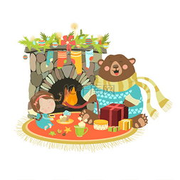 Little angel cute bear sitting near a firepla