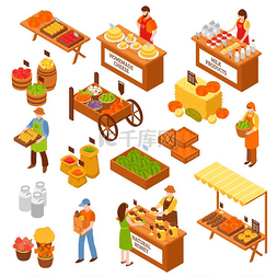 传统食品矢量图片_农贸市场等距图集市场等距食品柜
