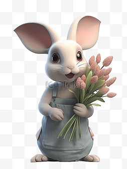 可爱的手绘画图片_手里捧着花的兔子