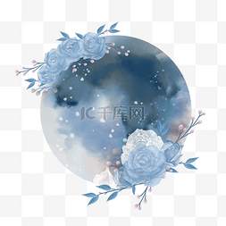 花卉月亮图片_蓝色满月月亮花卉水彩