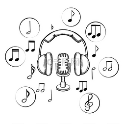 耳机音符图片_音乐、声音和娱乐草图，带有麦克