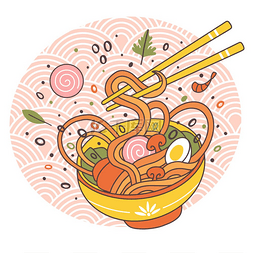 碗和鸡蛋图片_涂鸦拉面碗东方日本传统美食手绘