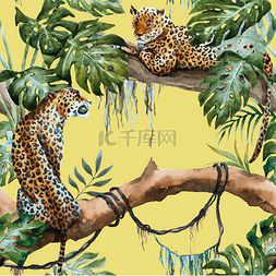 热带树素描图片_水彩矢量豹子图案