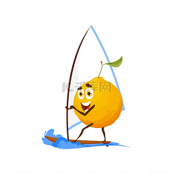 水上活动卡通图片_黄色柠檬柑橘在水上冲浪孤立的卡