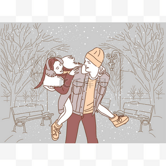 快乐的男朋友抱着女朋友的肩膀上米色背景