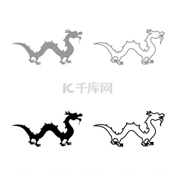 矢量轮廓线图片_中国龙集图标灰黑色矢量插图图像