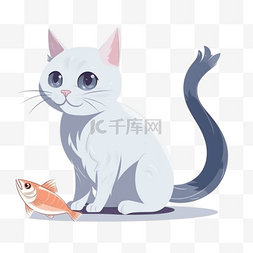 猫扁平图片_扁平卡通插画装饰素材猫吃鱼5