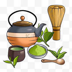 传统茶具图片_抹茶茶具简约插画风格绿色